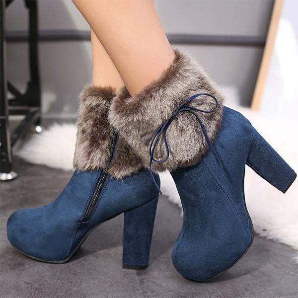 Women's Casual Plush Bow Chunky Heel Short Boots