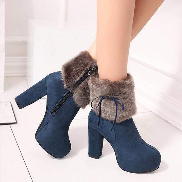 Women's Casual Plush Bow Chunky Heel Short Boots