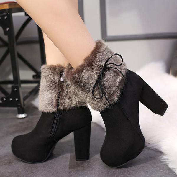 Women's Casual Plush Bow Chunky Heel Short Boots