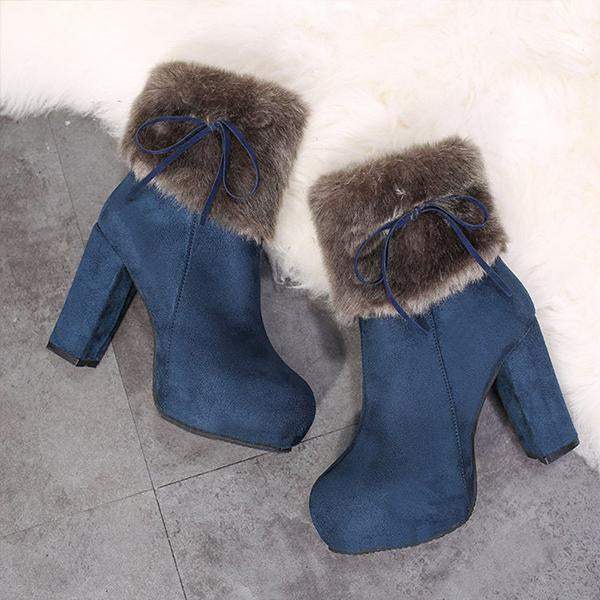 Women's Casual Plush Bow Chunky Heel Short Boots