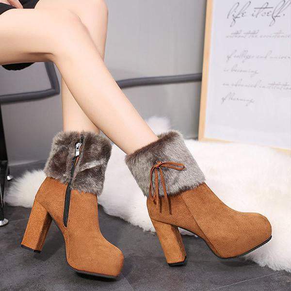 Women's Casual Plush Bow Chunky Heel Short Boots