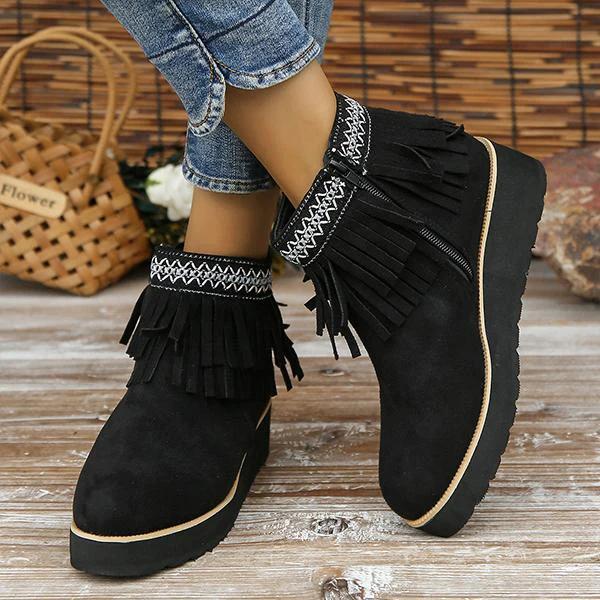 Women's Casual Ethnic Style Tassel Thick Sole Short Boots