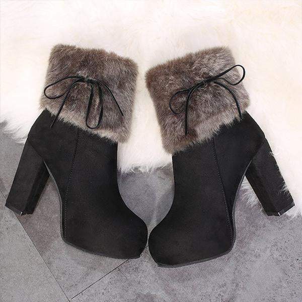 Women's Casual Plush Bow Chunky Heel Short Boots