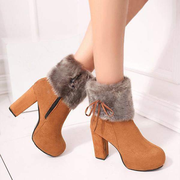 Women's Casual Plush Bow Chunky Heel Short Boots