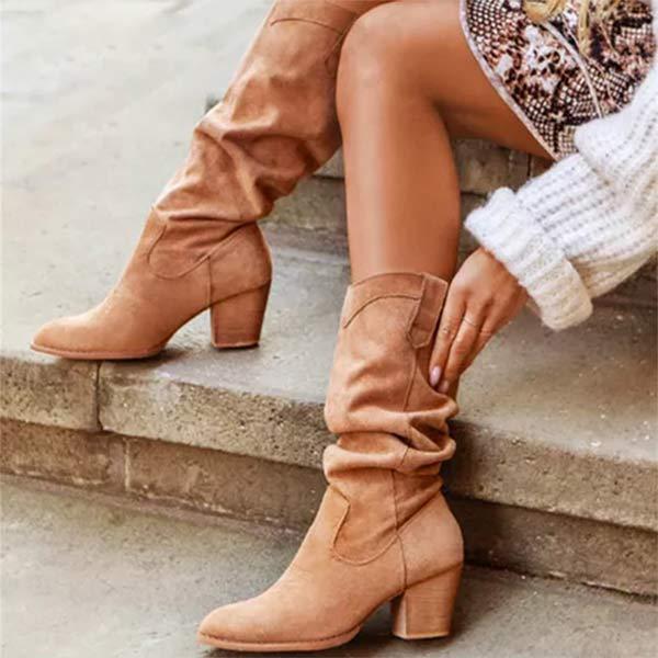 Women's Round Toe Chunky Heel High-Calf Riding Boots In Suede