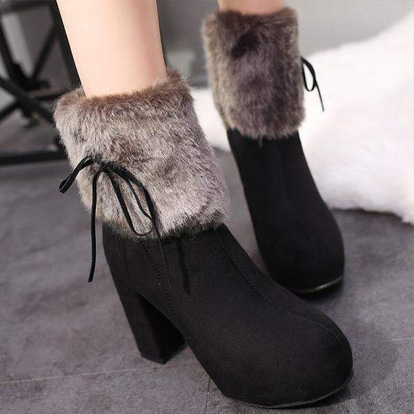 Women's Casual Plush Bow Chunky Heel Short Boots