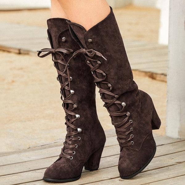 Women'S Square Toe Front Lace Up Chunky Heel Side Zip Boots