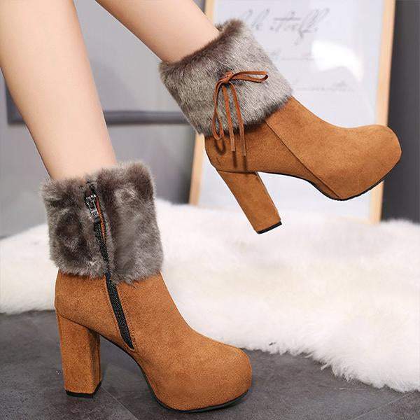 Women's Casual Plush Bow Chunky Heel Short Boots