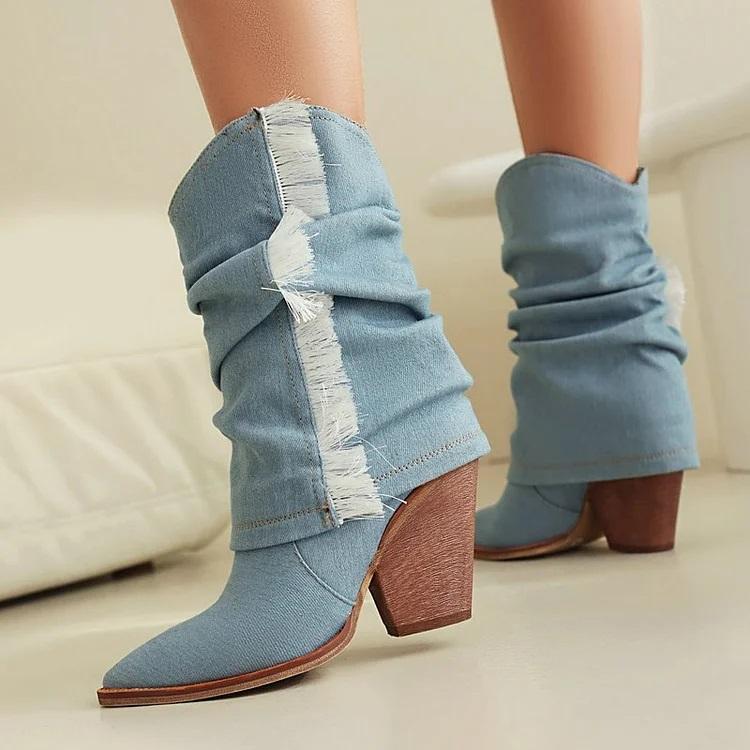 Casual Plain Denim Autumn Cowboy Boots