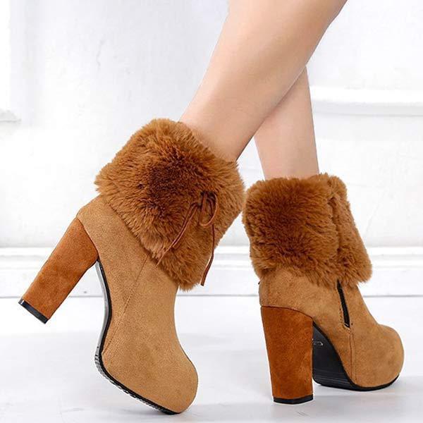 Women's Suede Round-Toe Chunky Heel High Heel Furry Ankle Boots