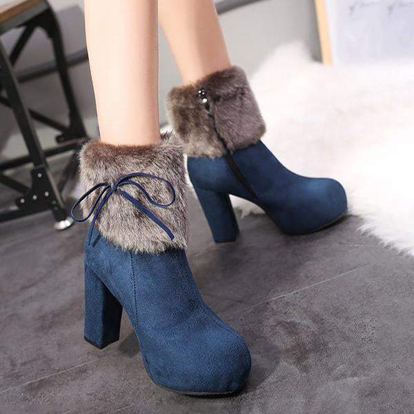 Women's Casual Plush Bow Chunky Heel Short Boots