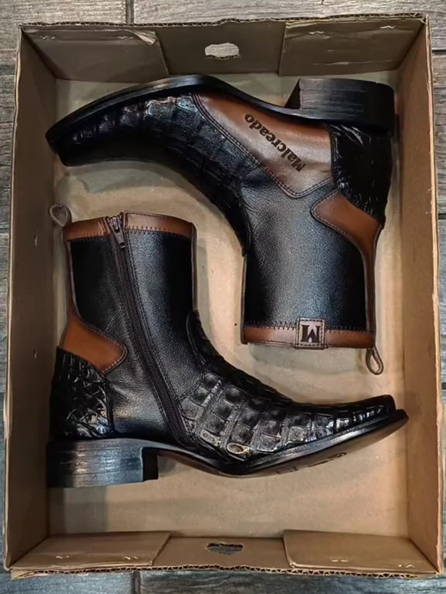 Men's Crocodile-Print Leather Colorblock Boots