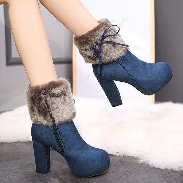 Women's Casual Plush Bow Chunky Heel Short Boots