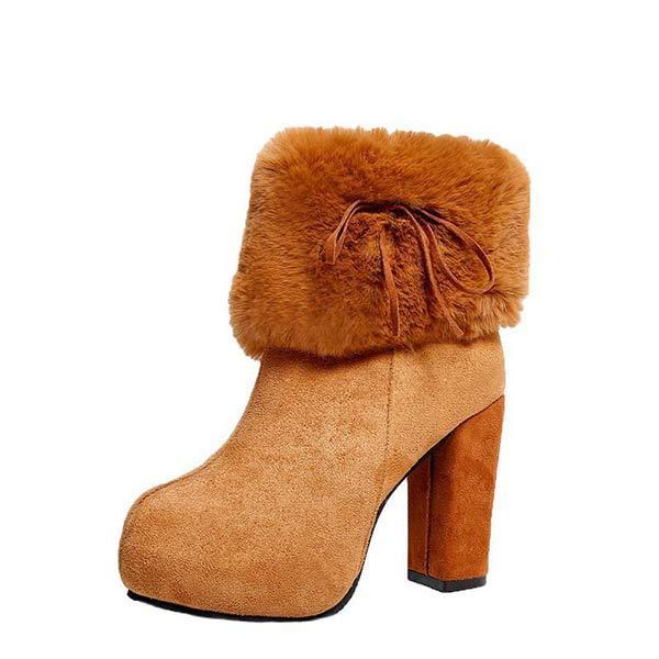 Women's Suede Round-Toe Chunky Heel High Heel Furry Ankle Boots