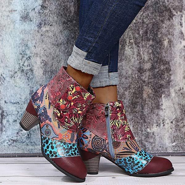 Women'S High Heel Block Heel Print Ankle Boots