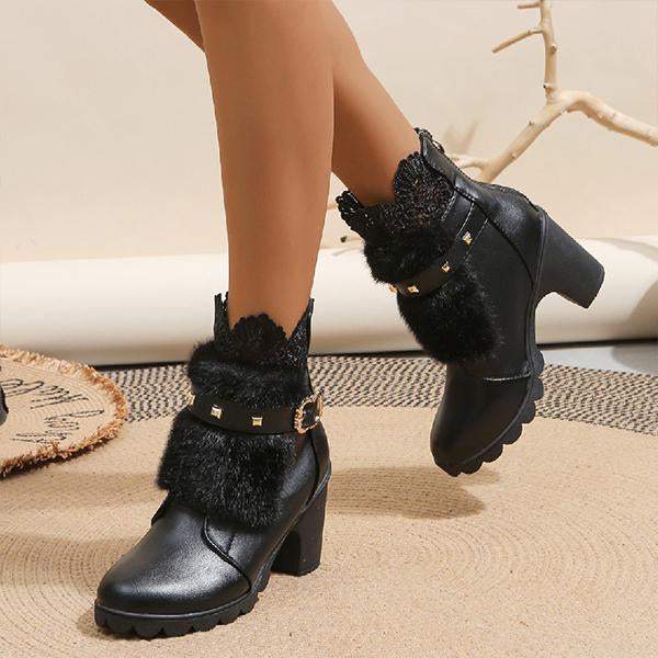 Women's Fashionable Lace Belt Buckle Block Heel Ankle Boots
