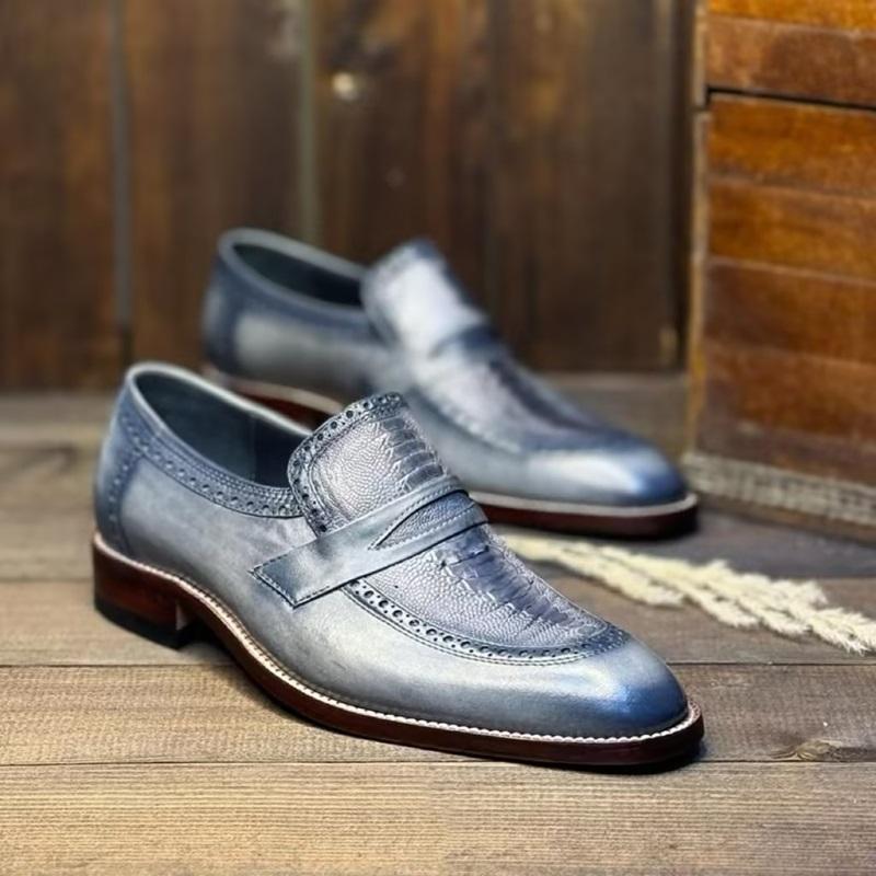 2025 Men's Flame Blue Handmade Leather Shoes