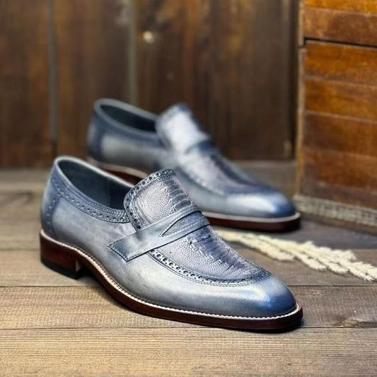 2025 Men's Flame Blue Handmade Leather Shoes