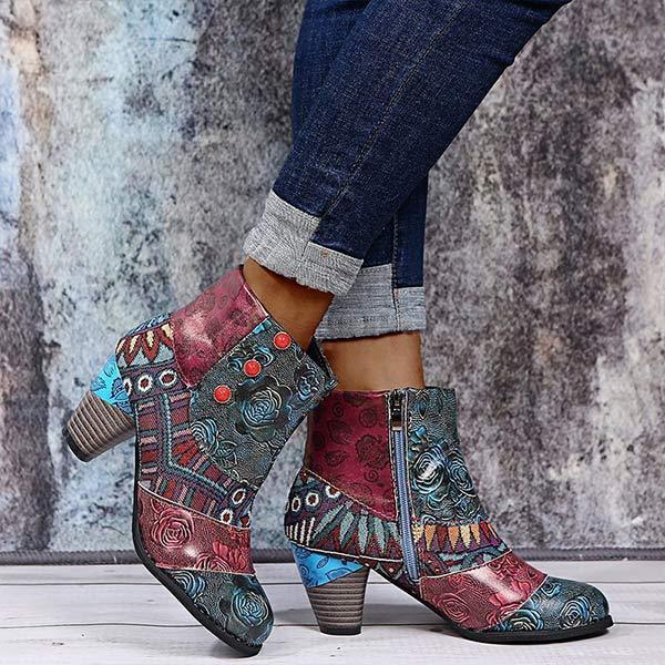 Women'S High Heel Block Heel Print Ankle Boots