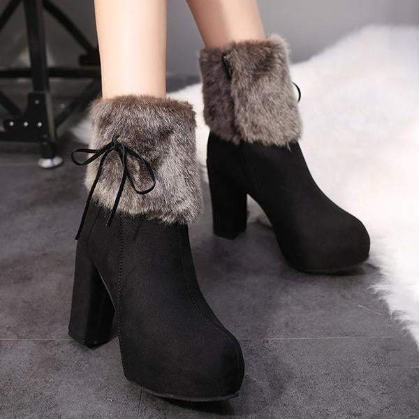 Women's Casual Plush Bow Chunky Heel Short Boots