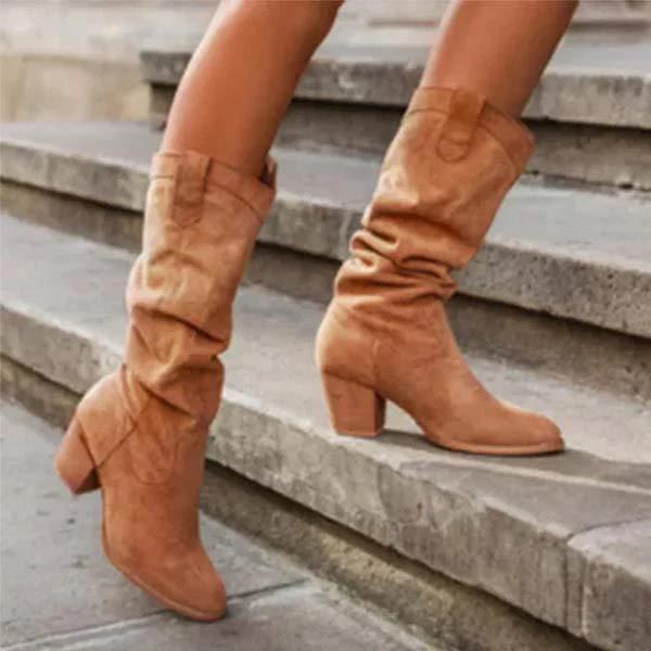 Women's Round Toe Chunky Heel High-Calf Riding Boots In Suede