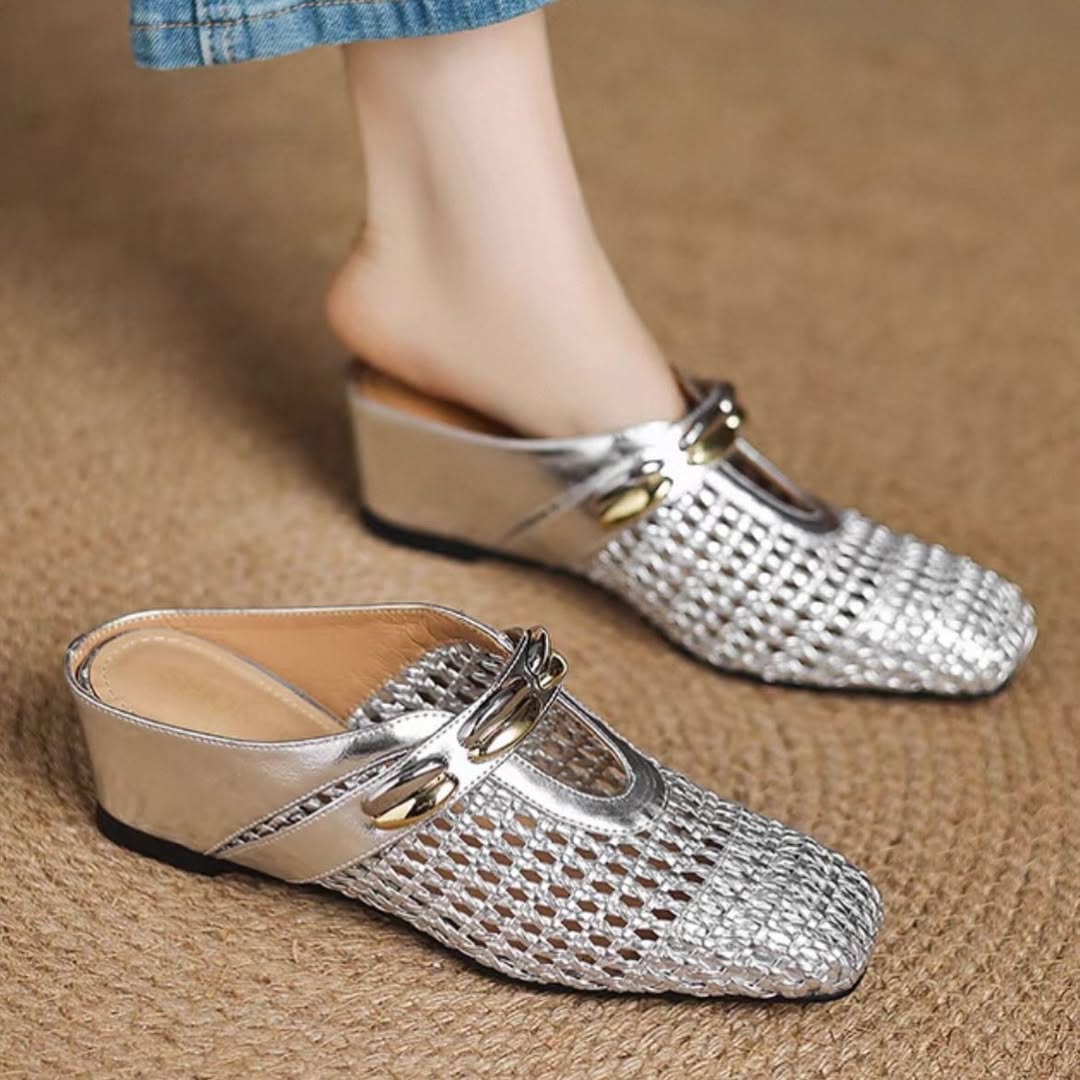 Silver Woven Wedge Sandals