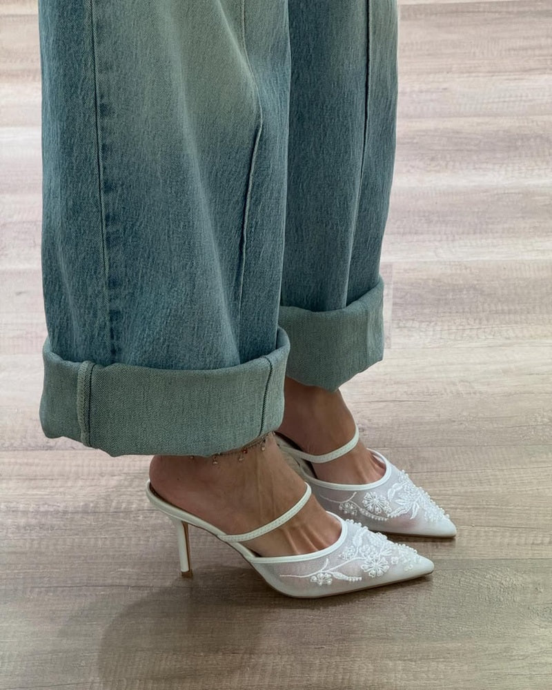 Mesh Pearl Embroidery Pointed Toe High Heels