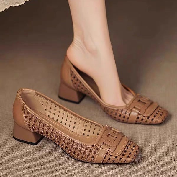 Cutout Woven Square-Heeled Sandals