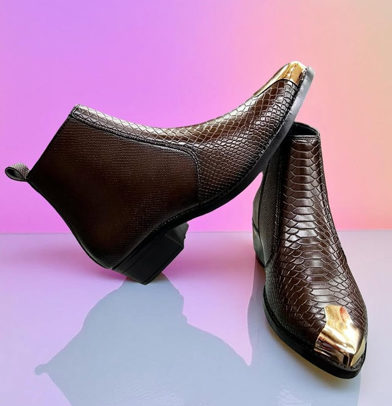 Men's Alligator Point-Toe Metallic Ankle Boots