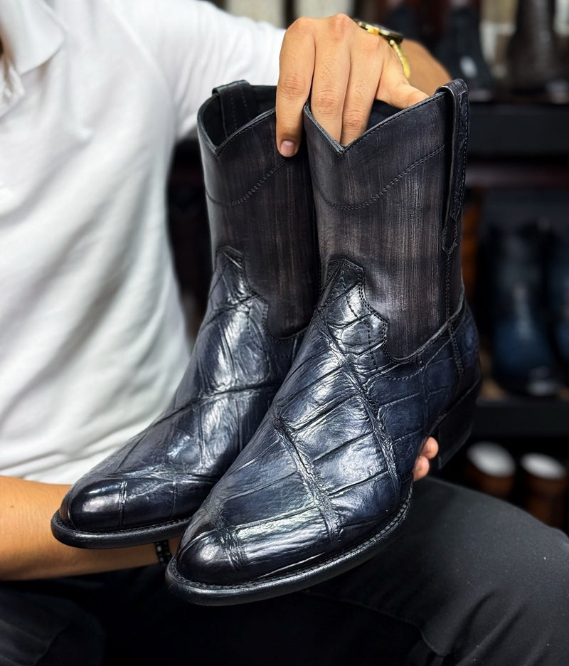 Navy Croc Craft Western Boots