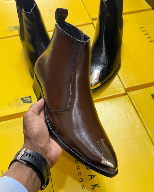 Men's Leather Point-Toe Metal Boots