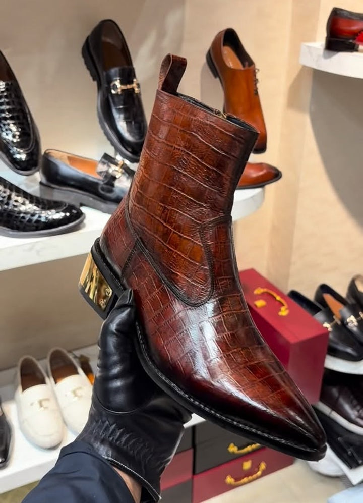 Handcrafted Crocodile-Embossed Western Boots