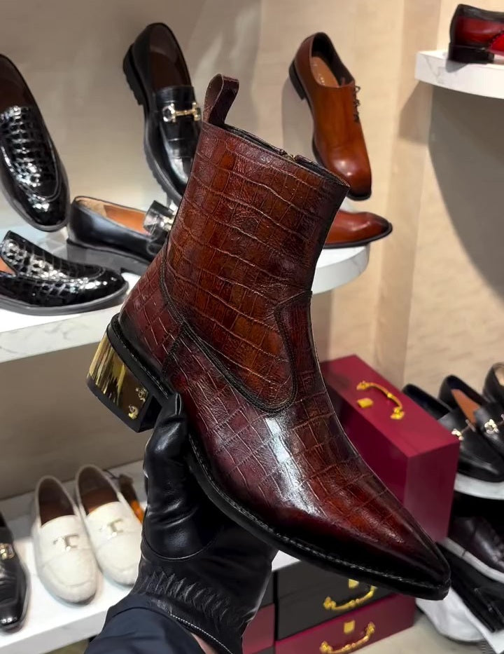 Handcrafted Crocodile-Embossed Western Boots