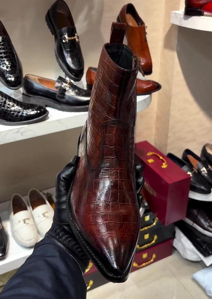 Handcrafted Crocodile-Embossed Western Boots