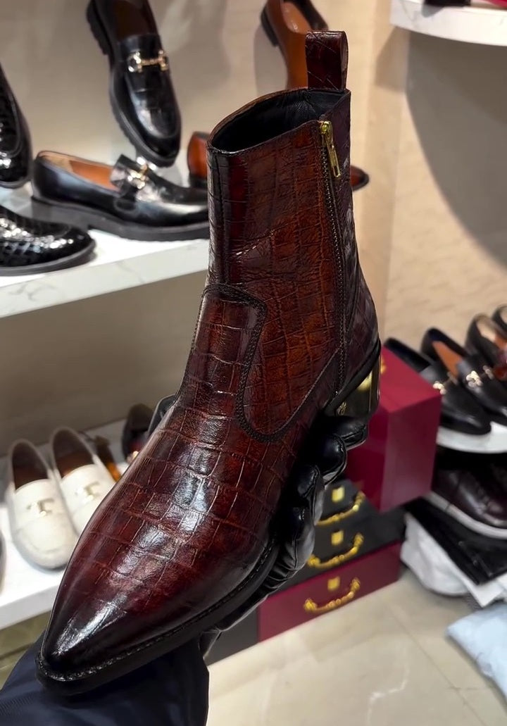 Handcrafted Crocodile-Embossed Western Boots