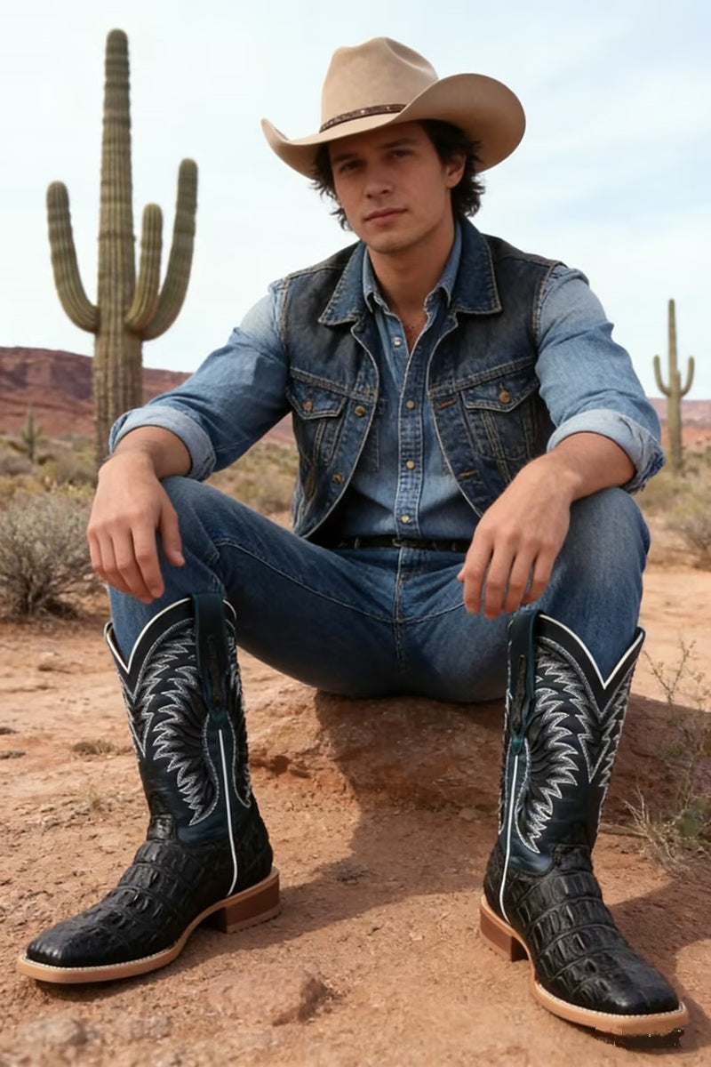 Men's Embroidered Crocodile Square-Toe Boots