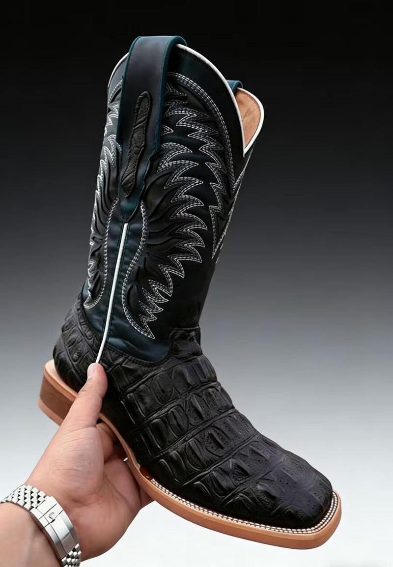 Men's Embroidered Crocodile Square-Toe Boots