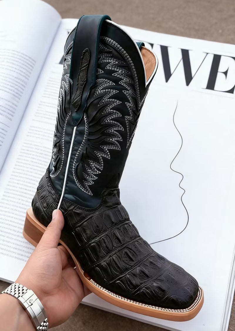 Men's Embroidered Crocodile Square-Toe Boots