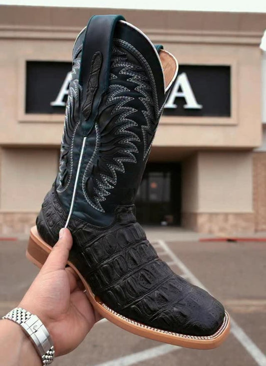 Men's Embroidered Crocodile Square-Toe Boots