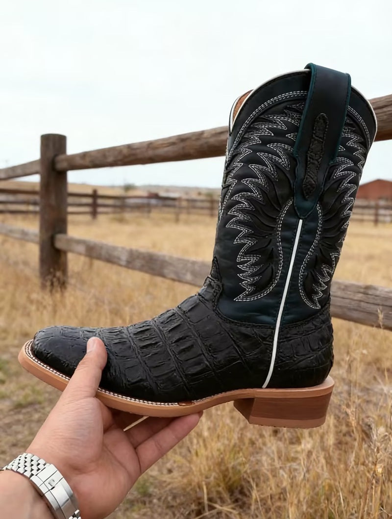 Men's Embroidered Crocodile Square-Toe Boots