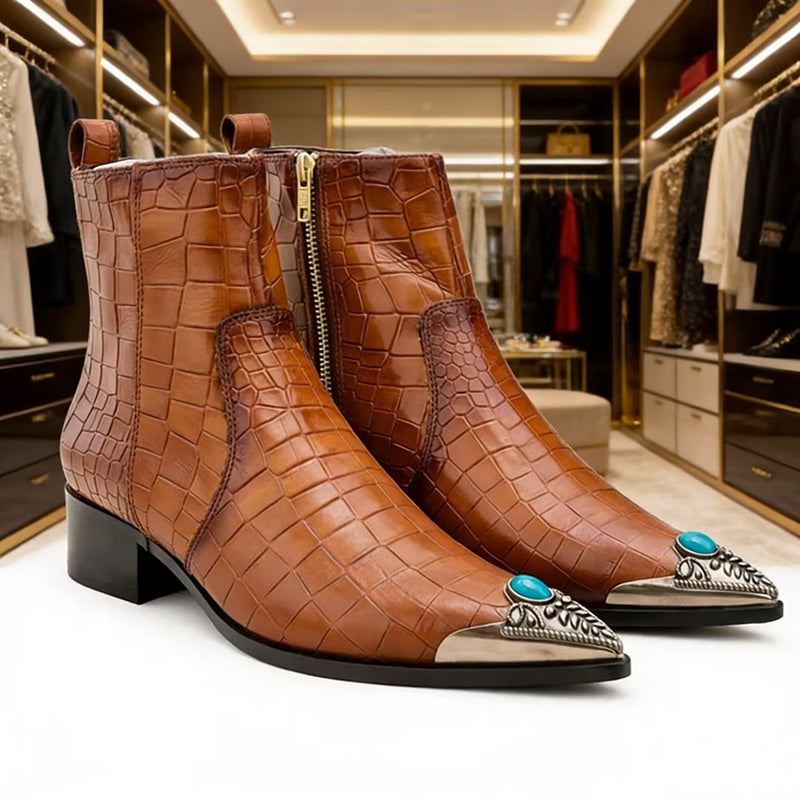 Crocodile-embossed Leather Ankle Boots With Metallic Toe