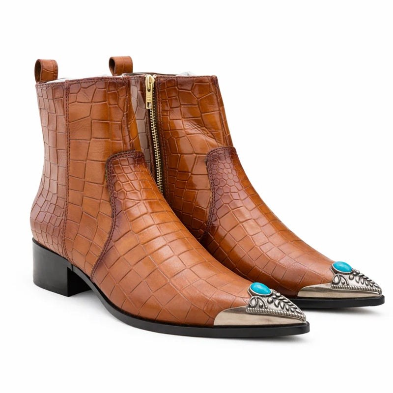 Crocodile-embossed Leather Ankle Boots With Metallic Toe