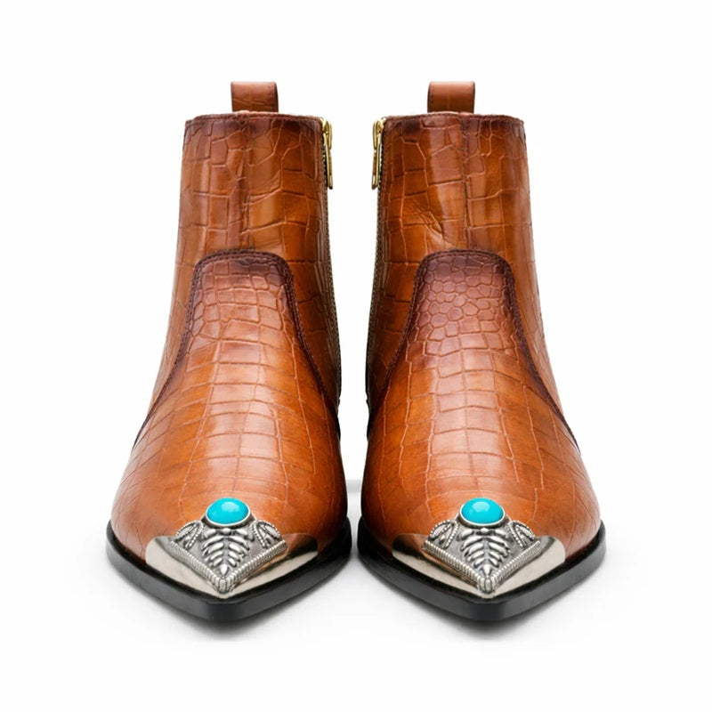 Crocodile-embossed Leather Ankle Boots With Metallic Toe