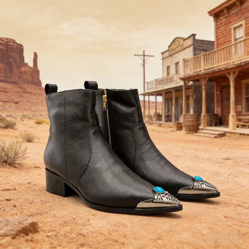 Black Leather Ankle Boots With Metal Toe