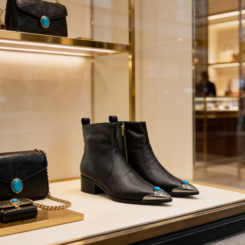 Black Leather Ankle Boots With Metal Toe