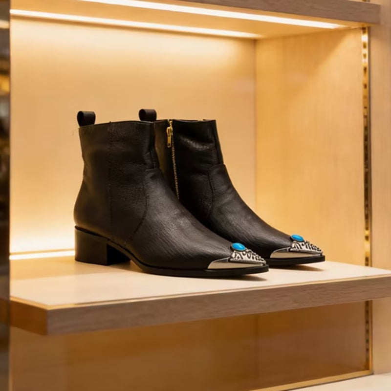 Black Leather Ankle Boots With Metal Toe