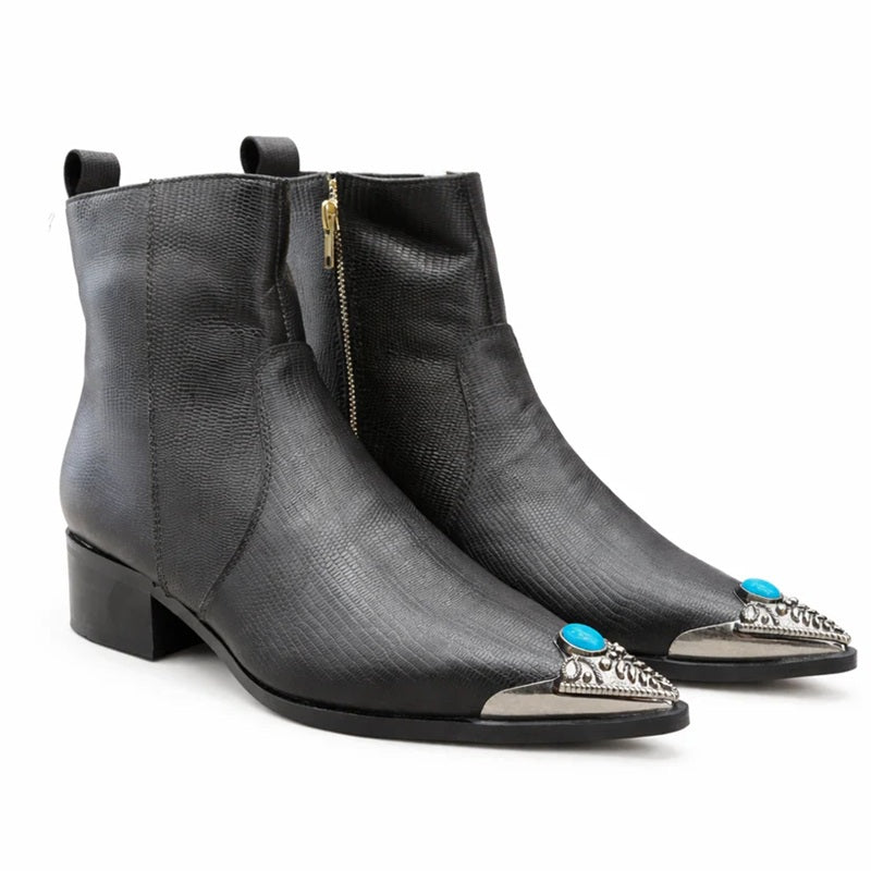 Black Leather Ankle Boots With Metal Toe
