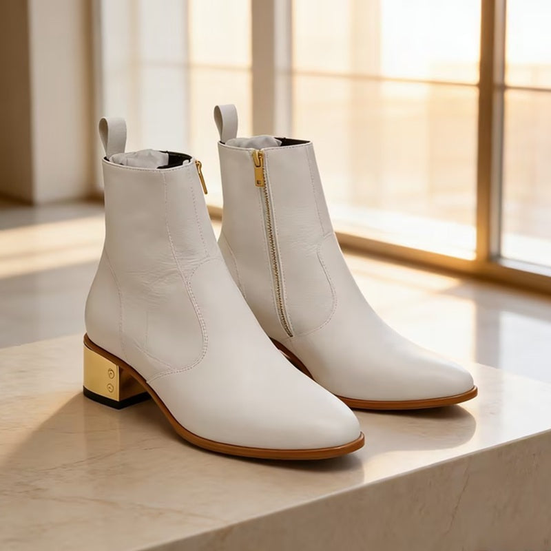 White Leather Ankle Boots With Gold Thick Heel