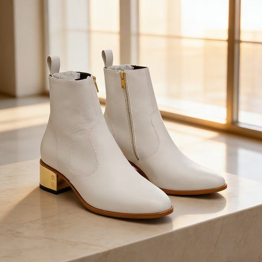 White Leather Ankle Boots With Gold Thick Heel