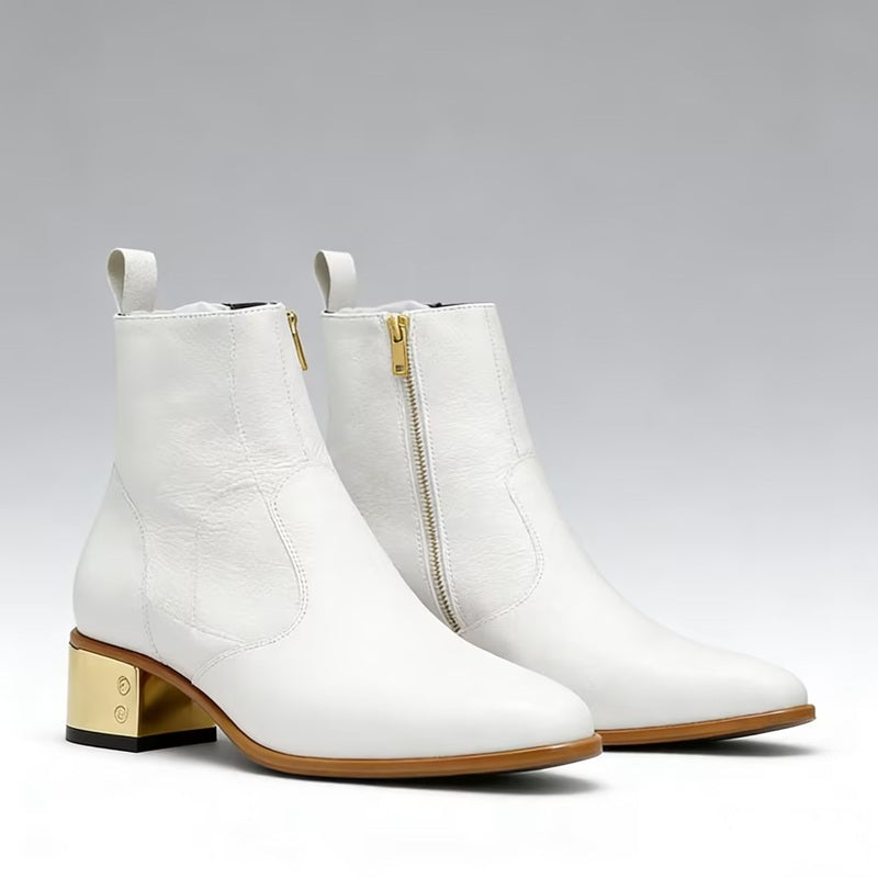 White Leather Ankle Boots With Gold Thick Heel